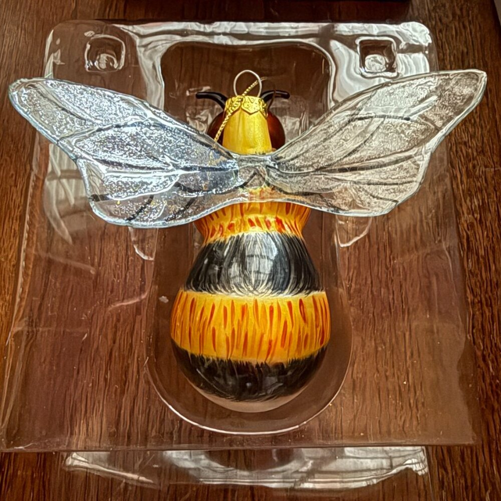 Large Glass Holiday Christmas Ornament Hand Painted Bee